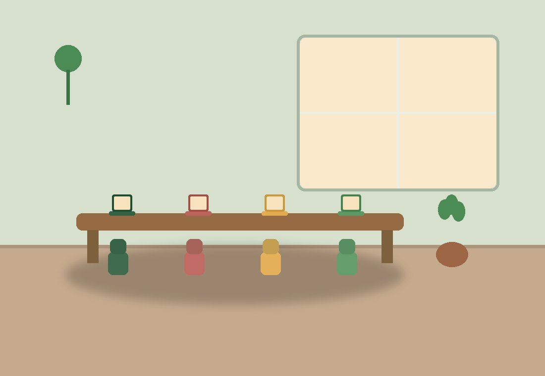 Illustration of an open seating area with a shared desk, laptops and a wall screen